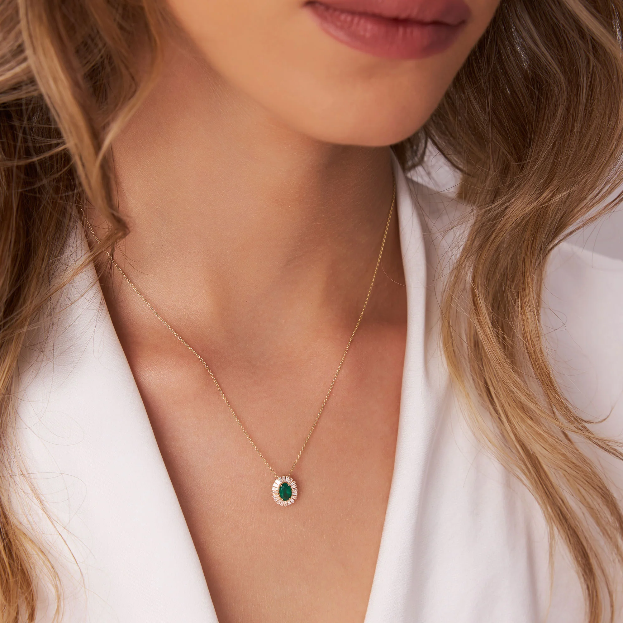 14k Oval Shape Emerald with Baguette Halo Setting Necklace - Image 3