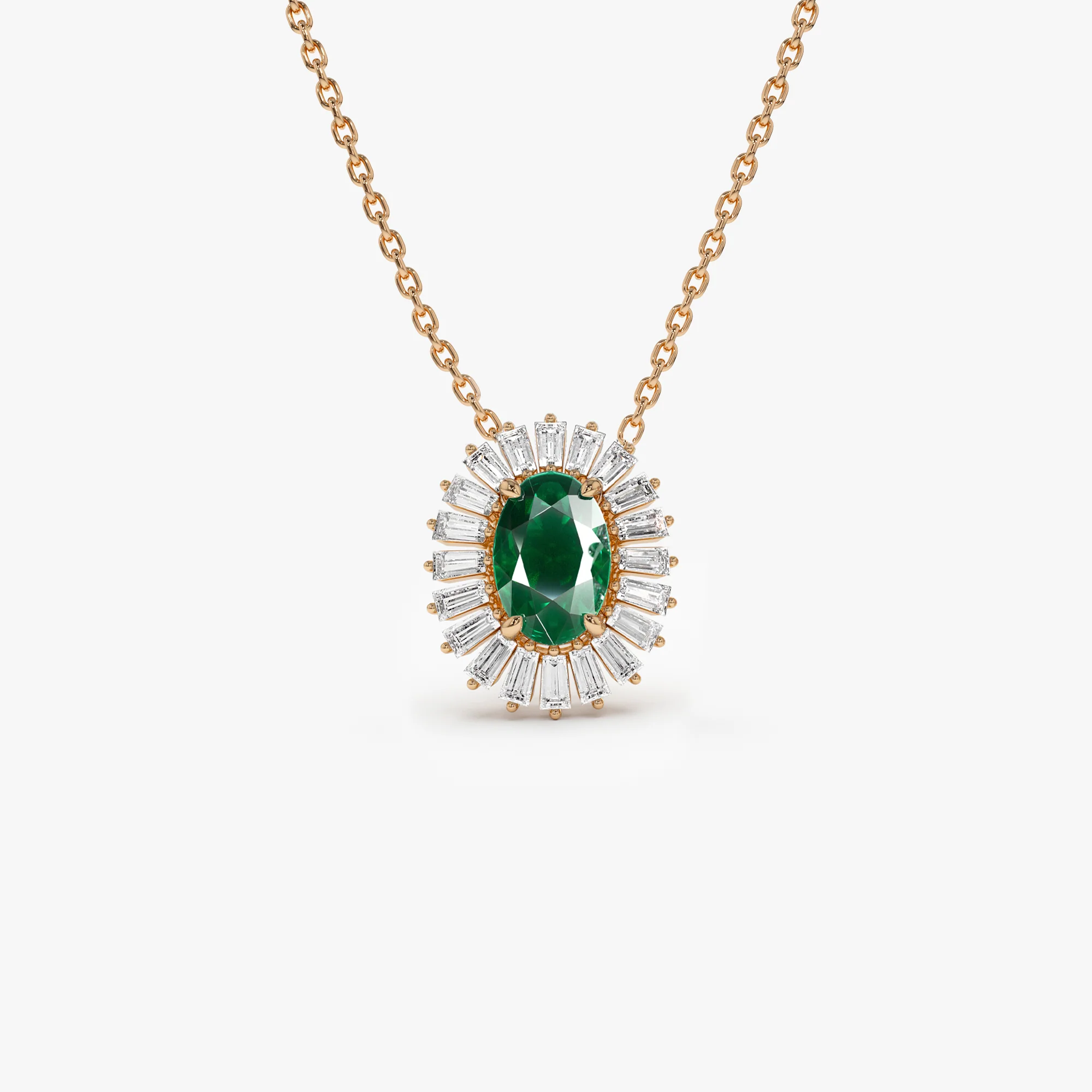 14k Oval Shape Emerald with Baguette Halo Setting Necklace - Image 5