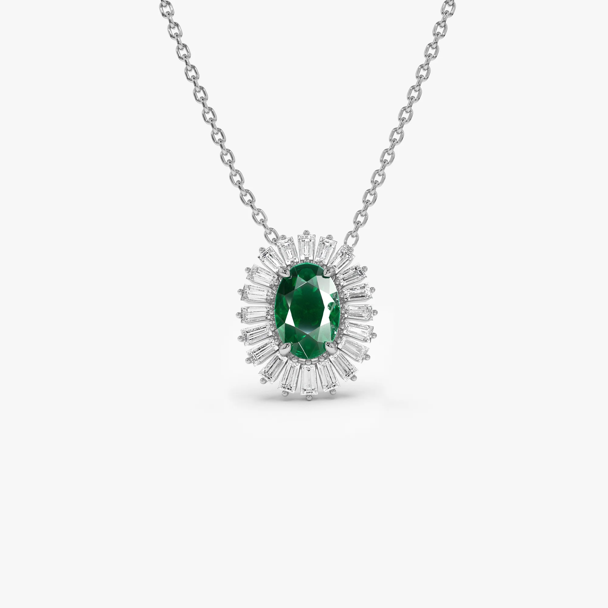 14k Oval Shape Emerald with Baguette Halo Setting Necklace - Image 6