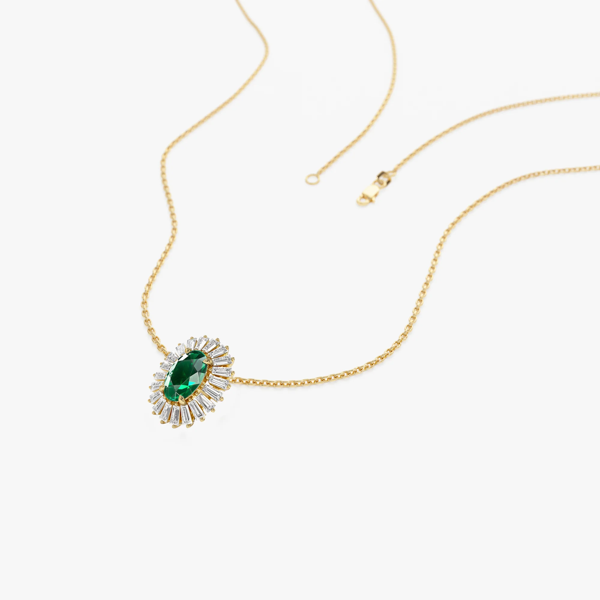 14k Oval Shape Emerald with Baguette Halo Setting Necklace - Image 7