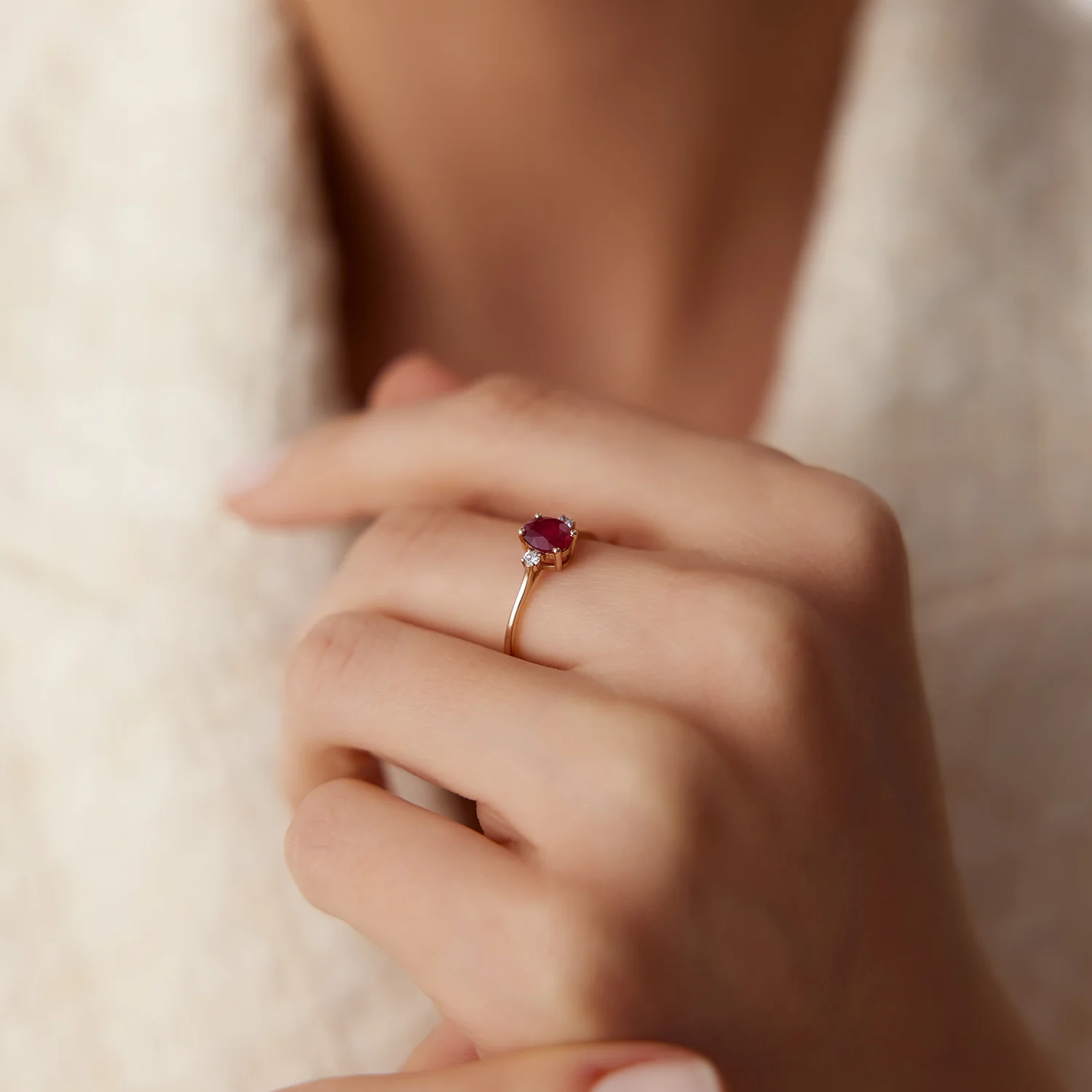 14k Oval Shape Ruby and Diamond 3 Stone Ring - Image 3