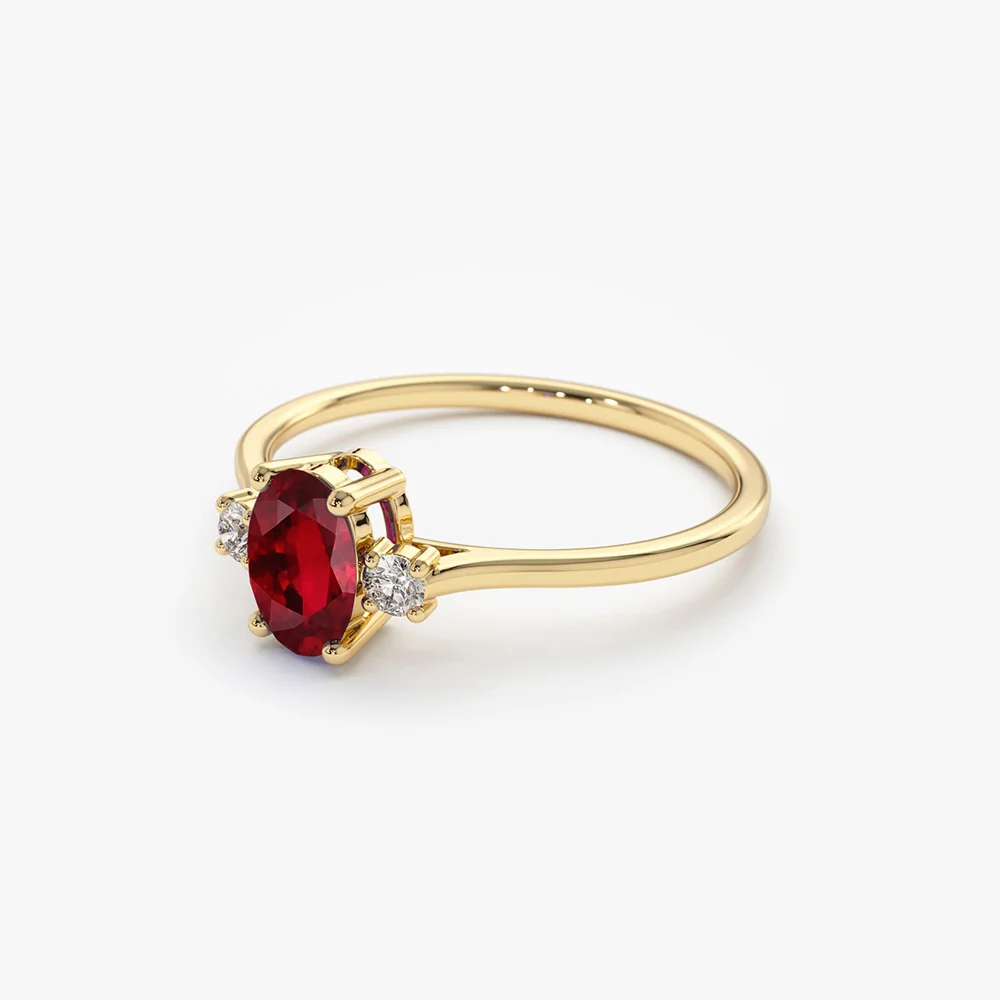 14k Oval Shape Ruby and Diamond 3 Stone Ring - Image 6