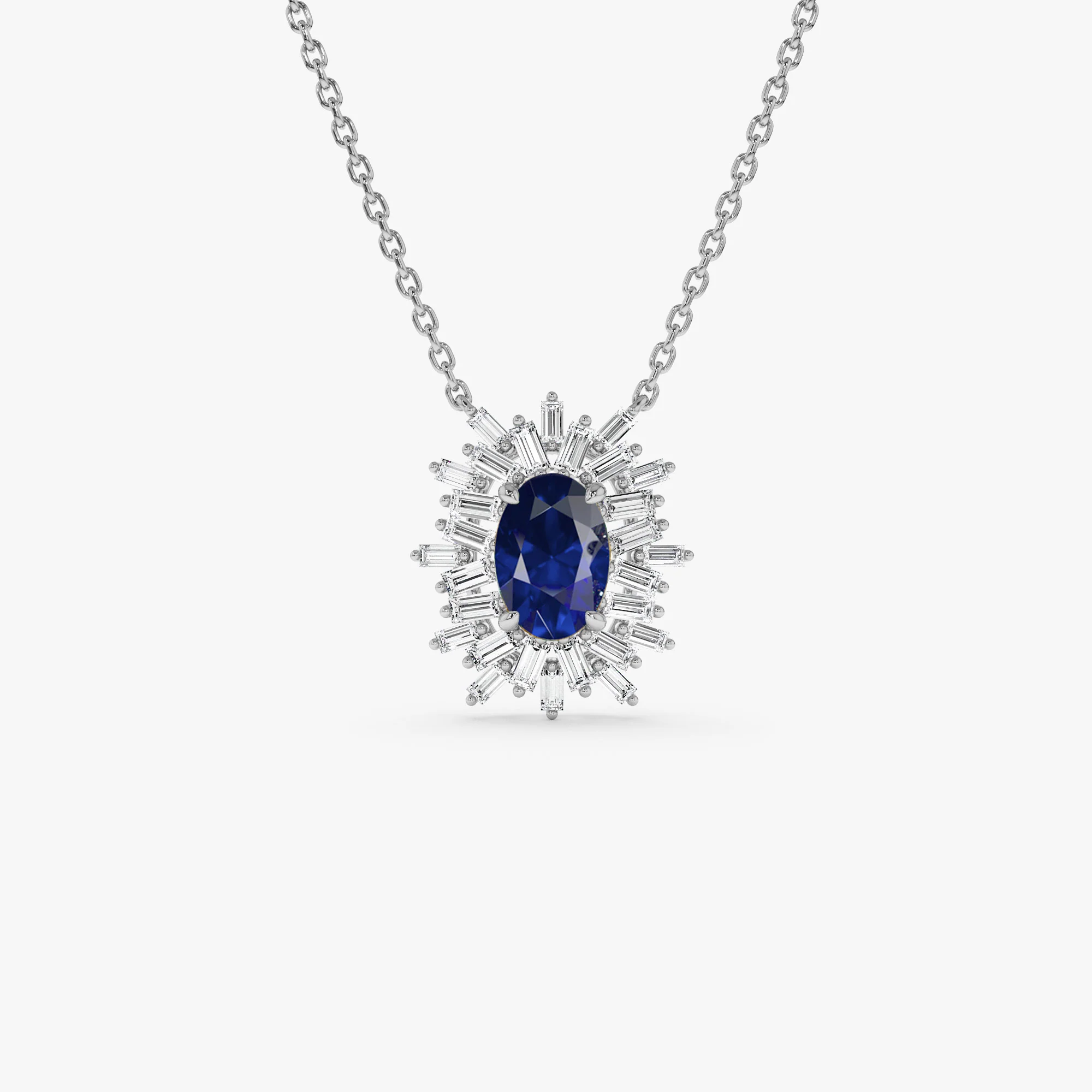 14k Oval Shape Sapphire Necklace with Ballerina Baguettes - Image 6