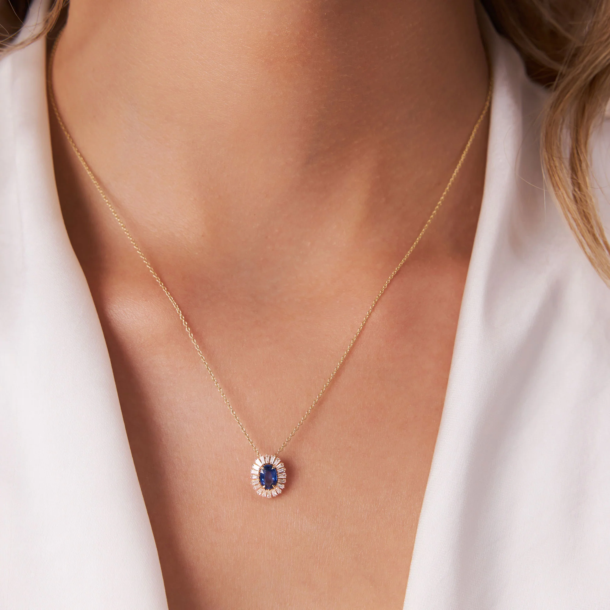 14k Oval Shape Sapphire with Baguette Halo Setting Necklace - Image 3