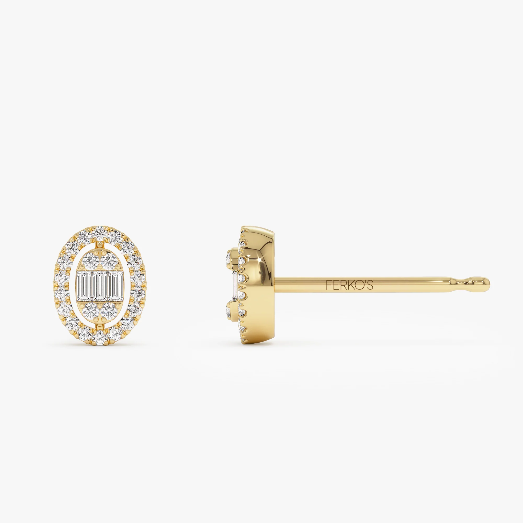 14k Oval Shaped Baguette & Round Diamond Mini Studs - Image 6