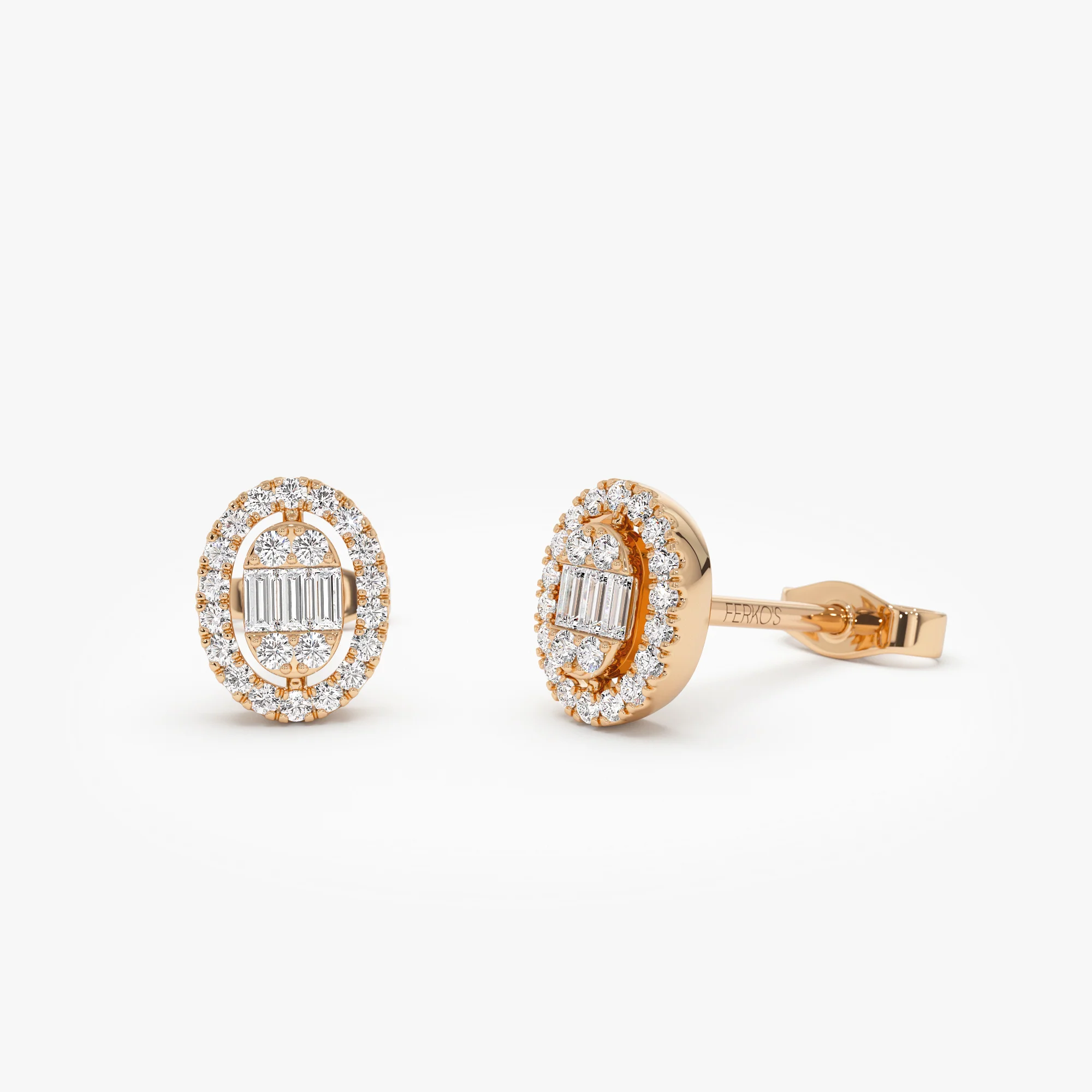 14k Oval Shaped Baguette & Round Diamond Mini Studs - Image 7