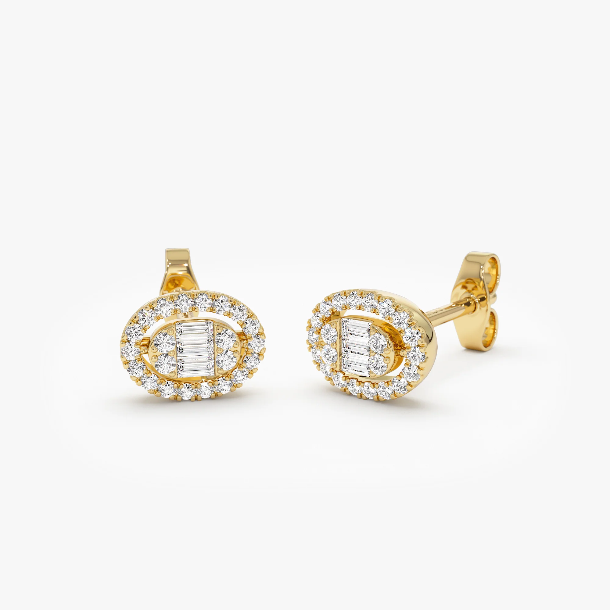 14k Oval Shaped Baguette & Round Diamond Mini Studs - Image 8