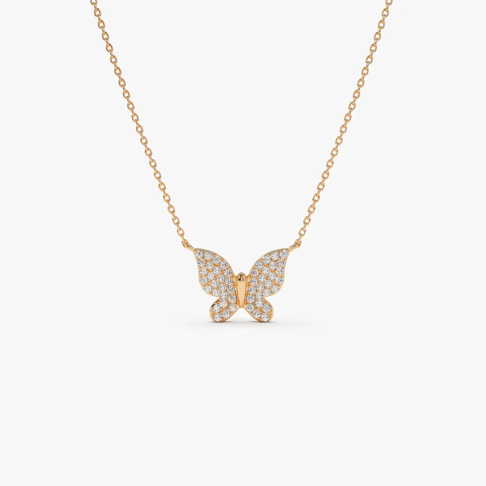 14k Pave Diamond Butterfly Pendant Necklace - Image 7