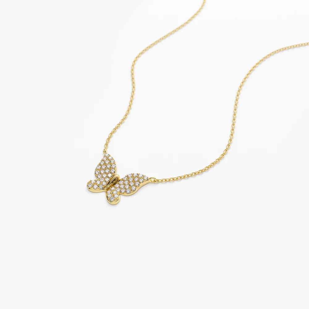14k Pave Diamond Butterfly Pendant Necklace - Image 9