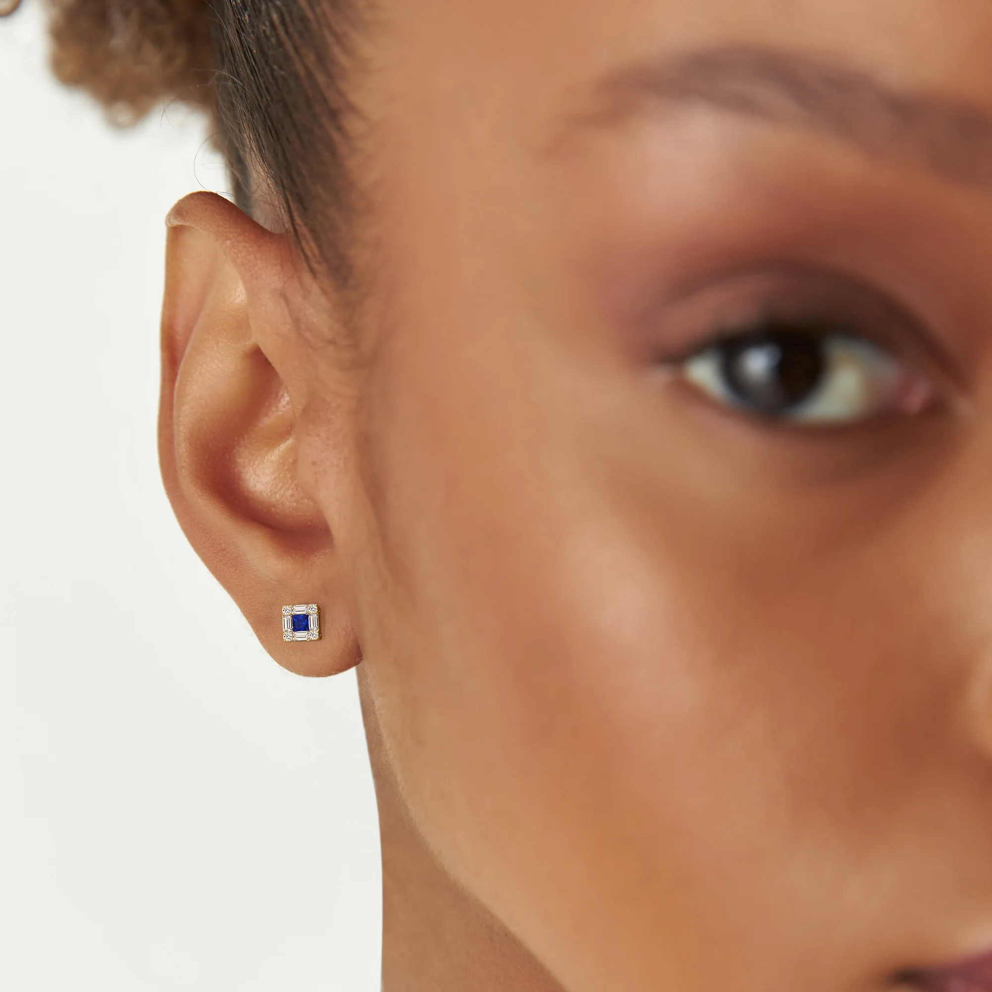 14K Princess-Cut Sapphire Stud Earrings with Diamond Halo - Image 5