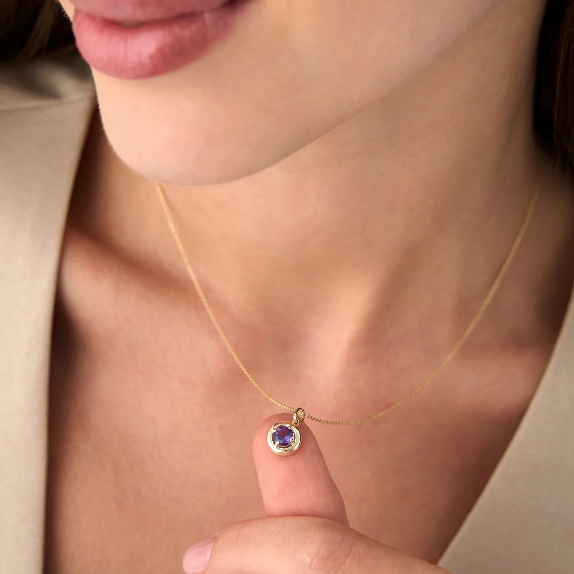 14K Prong Setting Round Amethyst Charm Necklace - Image 3
