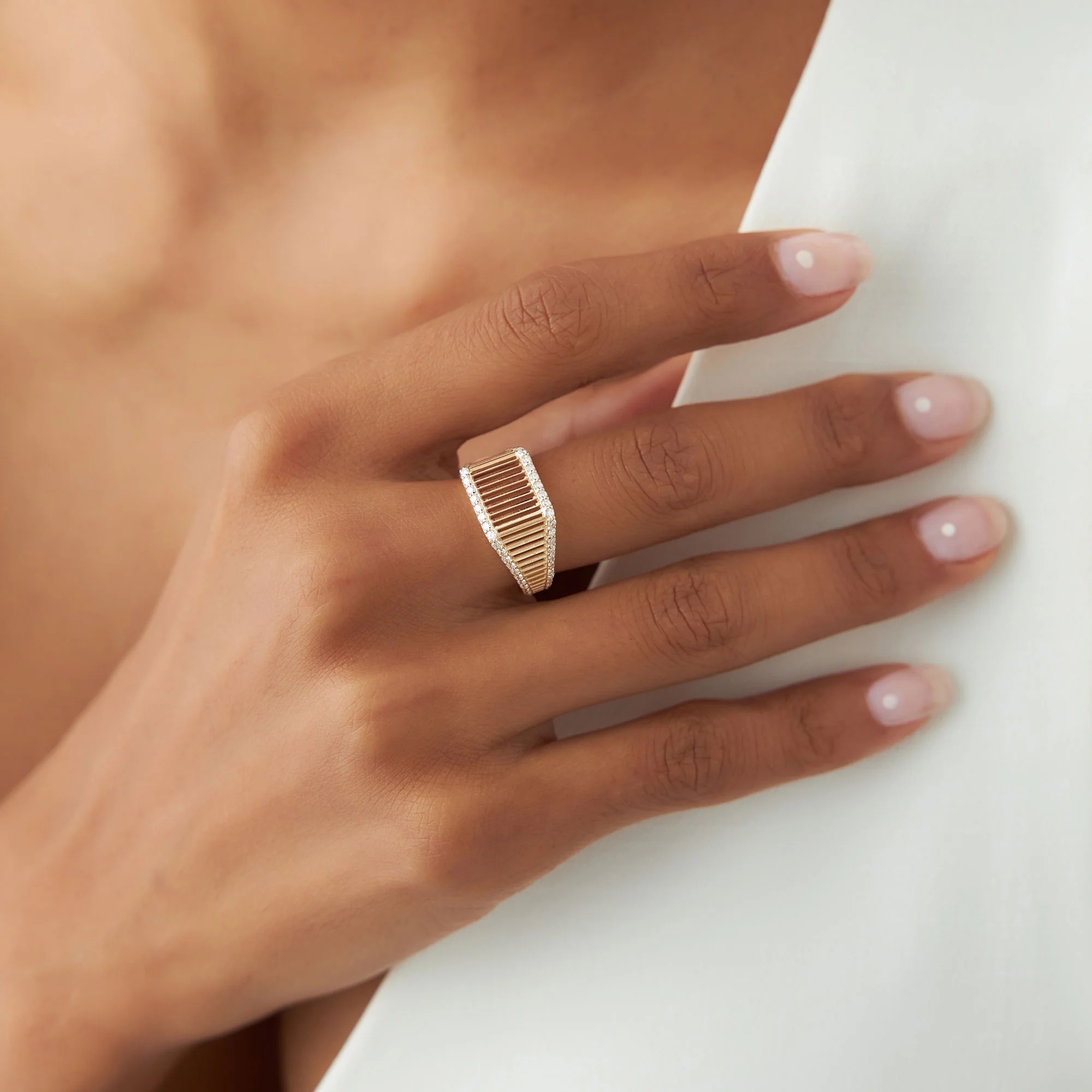 14k Ribbed Unique Design Diamond Signet Ring - Image 3