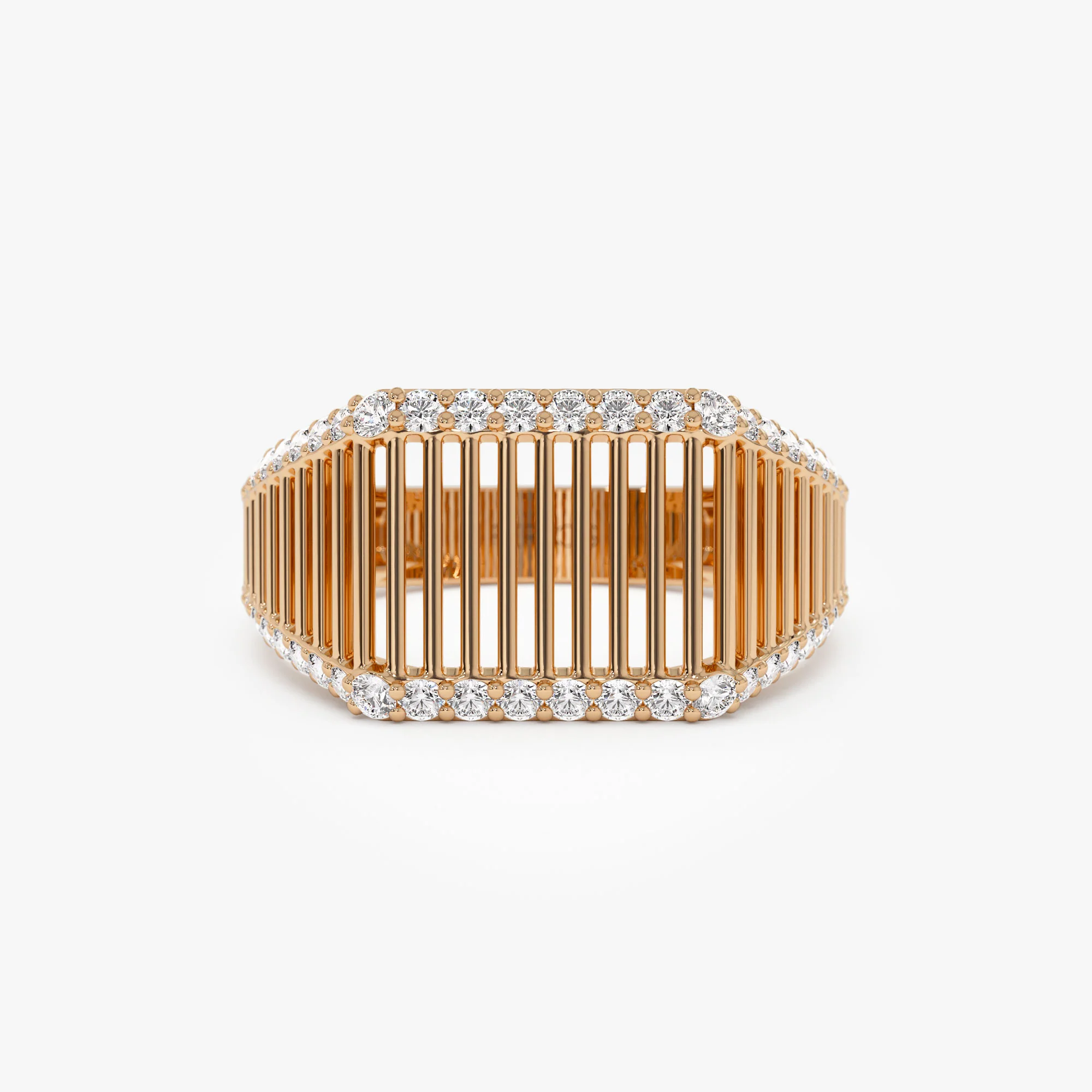 14k Ribbed Unique Design Diamond Signet Ring - Image 7