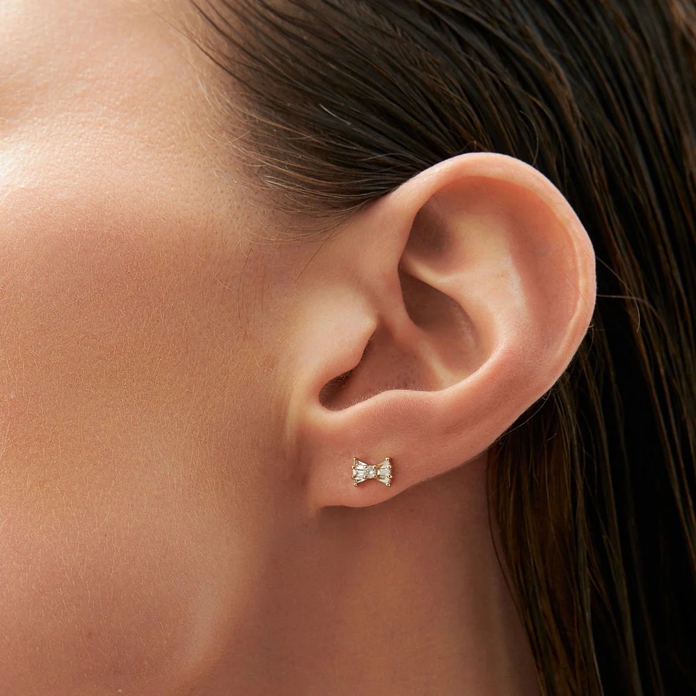 14k Rose Baguette and Round Diamond Bow Stud Earrings - Image 2