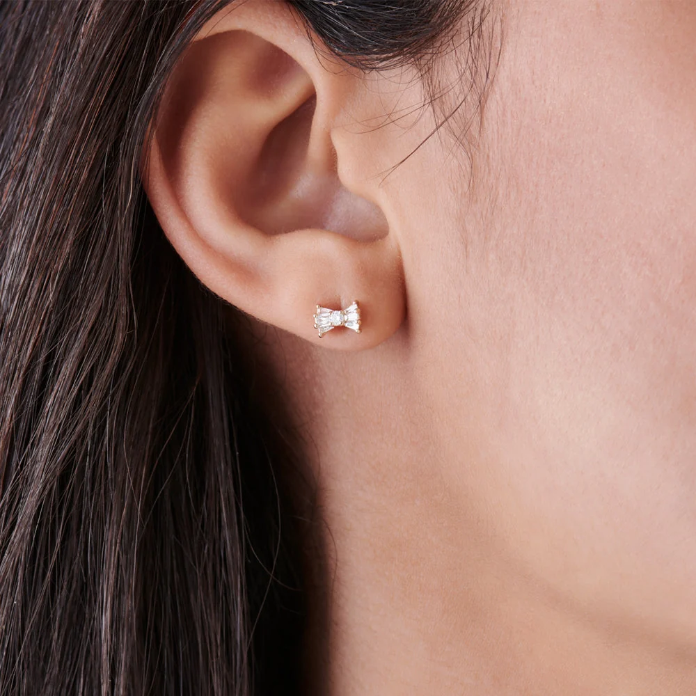 14k Rose Baguette and Round Diamond Bow Stud Earrings - Image 4