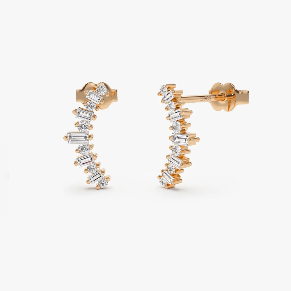 14k Rose Baguette and Round Diamond Ear Crawler Earrings
