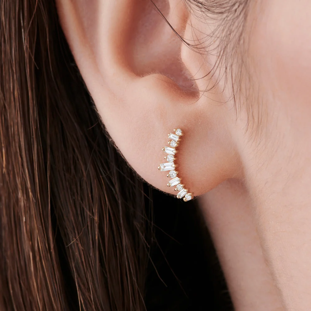 14k Rose Baguette and Round Diamond Ear Crawler Earrings - Image 2