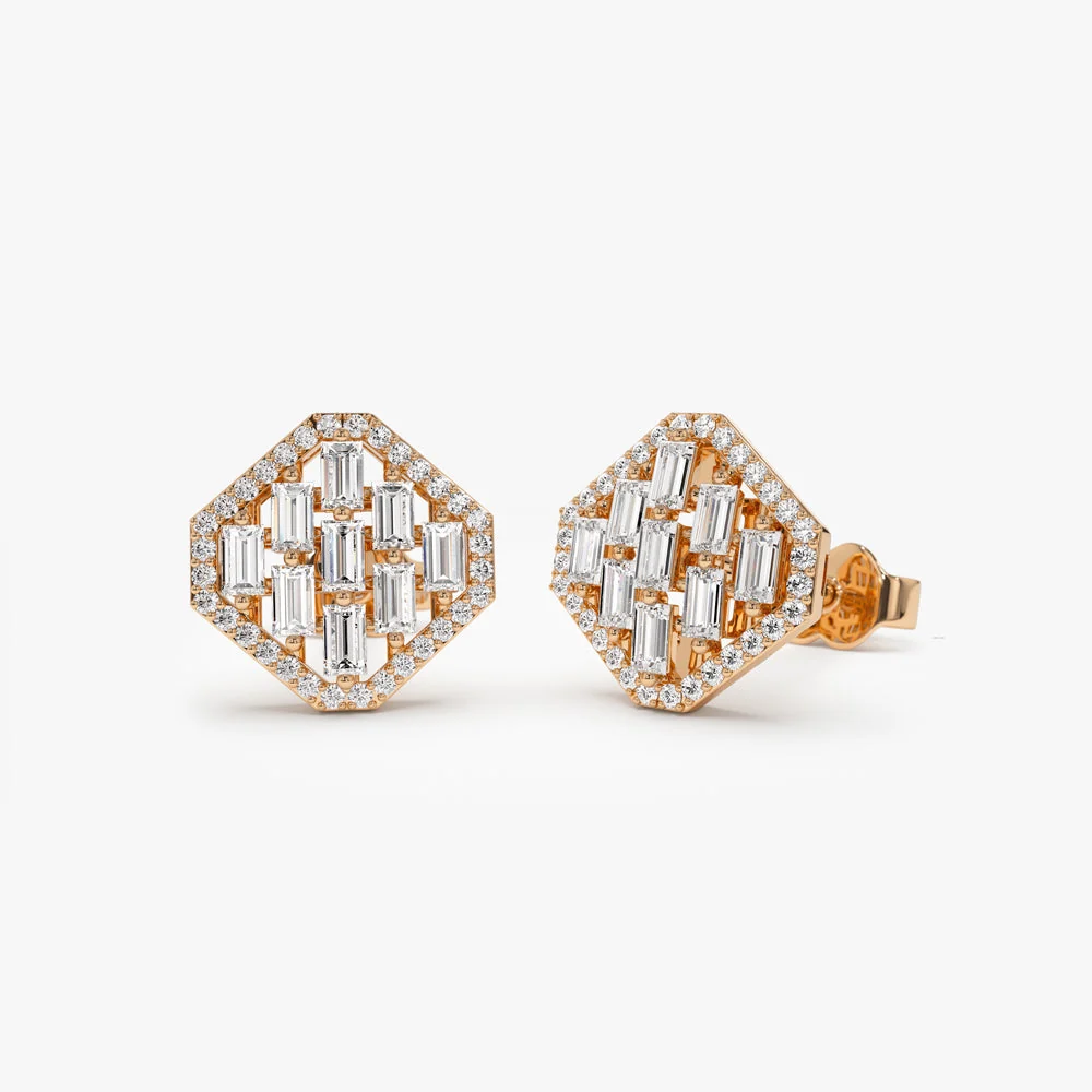 14k Rose Baguette Diamond Earrings in Halo Setting