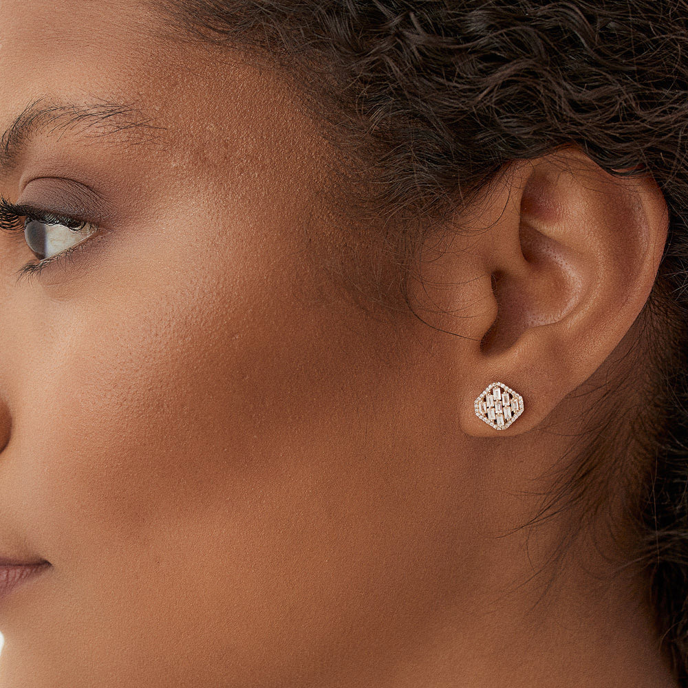 14k Rose Baguette Diamond Earrings in Halo Setting - Image 3