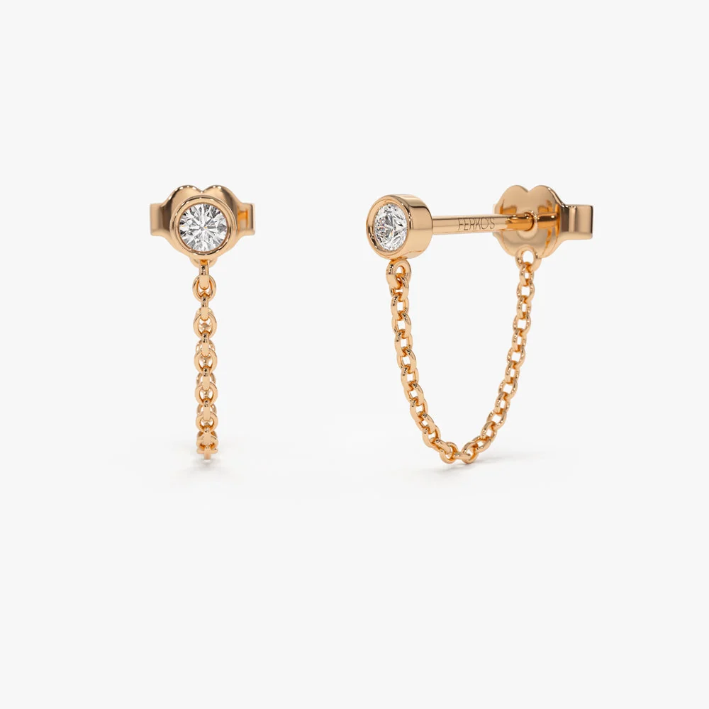 14k Rose Bezel Setting Diamond Studs Chain Earrings