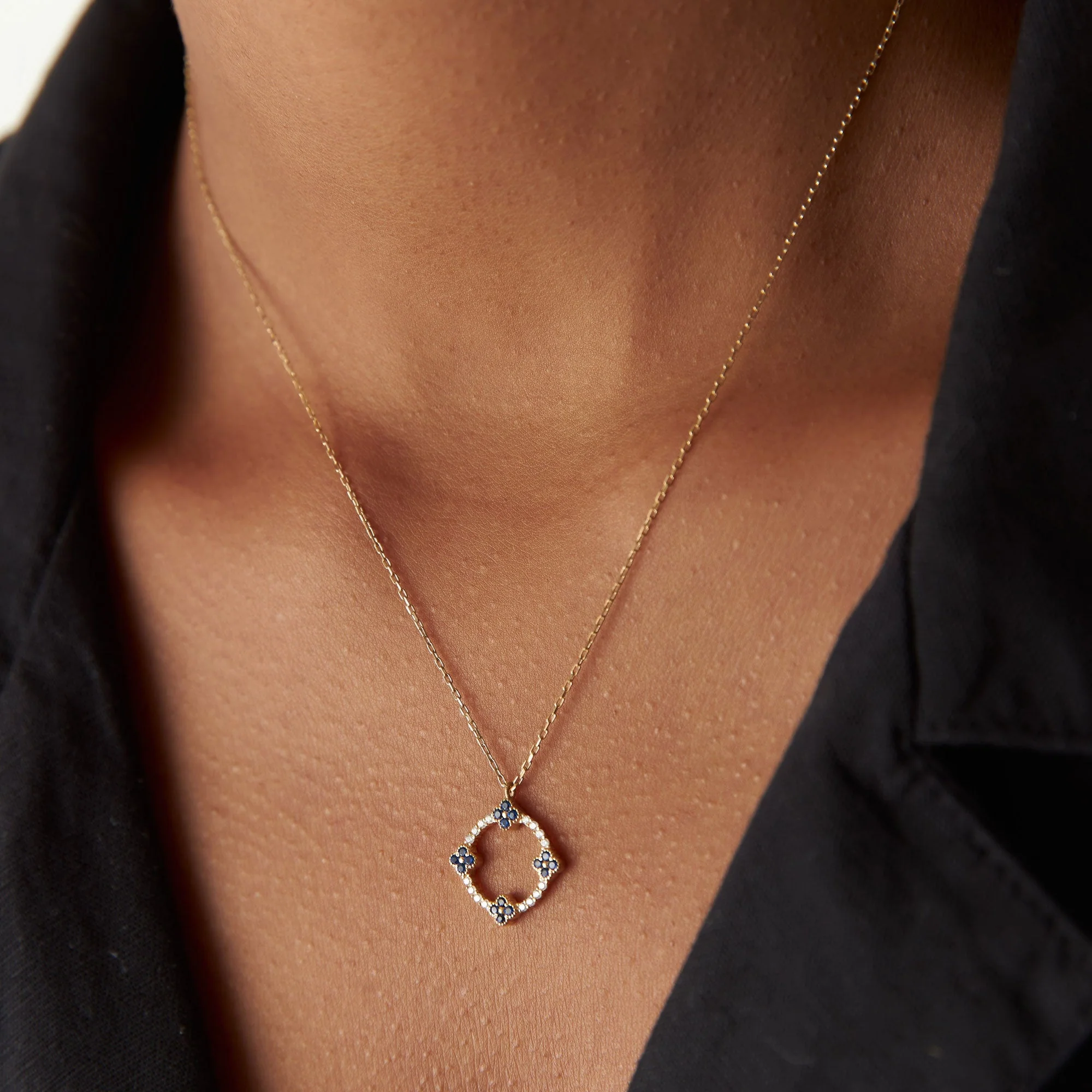 14k Rose Diamond and Sapphire Clover Necklace - Image 4