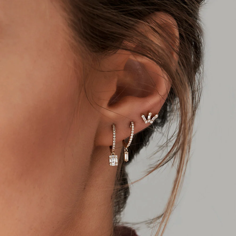 14k Rose Diamond Huggie Earrings with Dangling Illusion Set Baguette Diamonds - Image 4