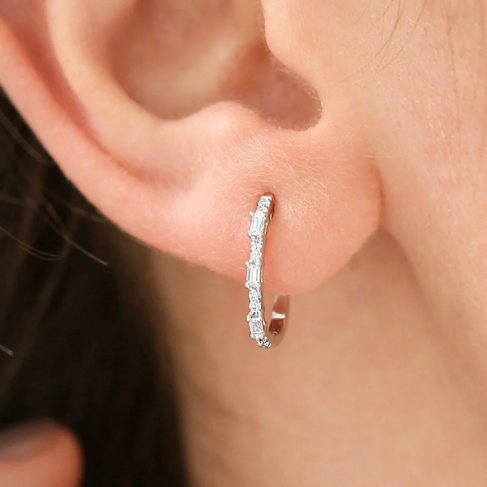 14K Rose Gold Baguette And Round Diamond Earrings - Image 2