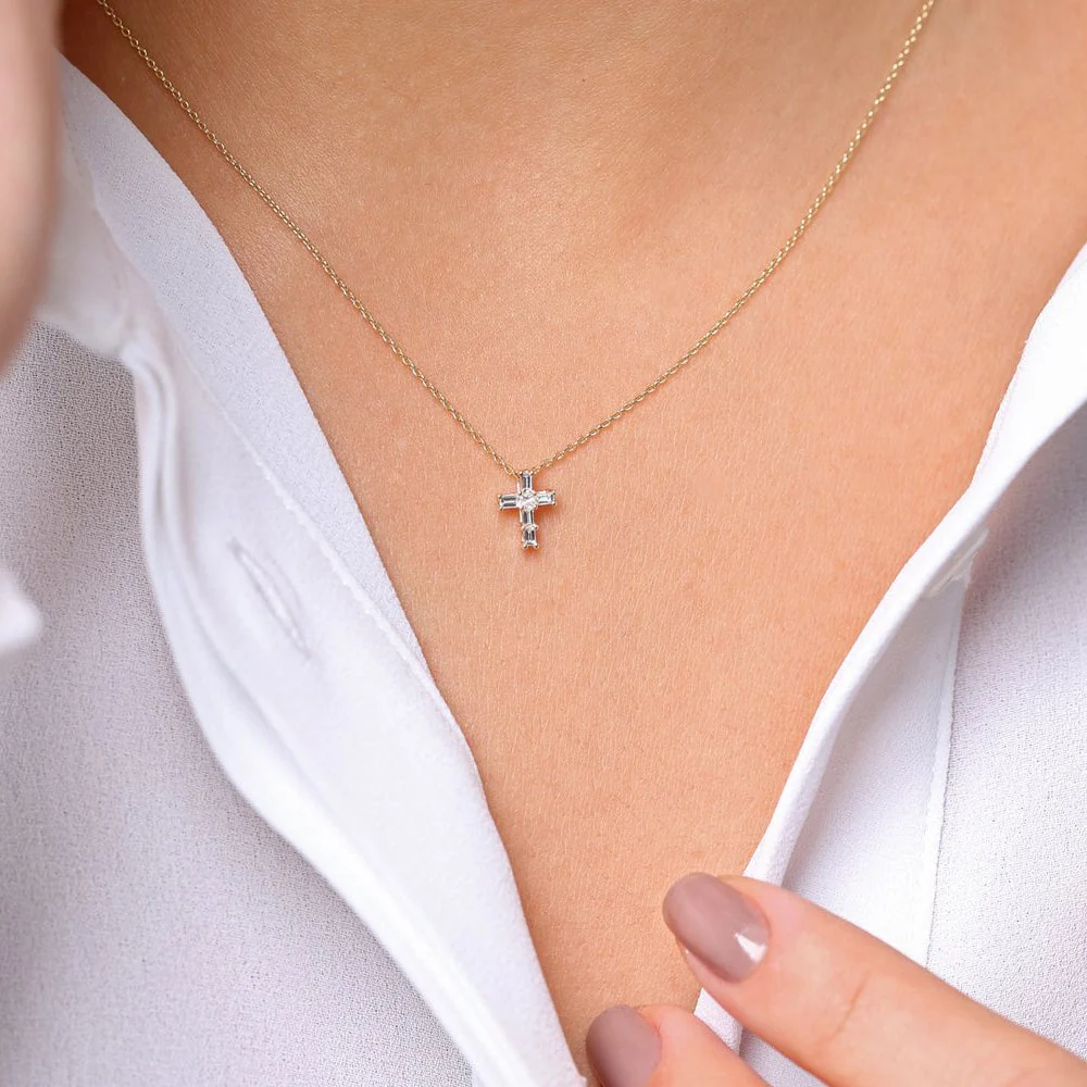 14K Rose Gold Baguette Diamond Tiny Cross Necklace - Image 3