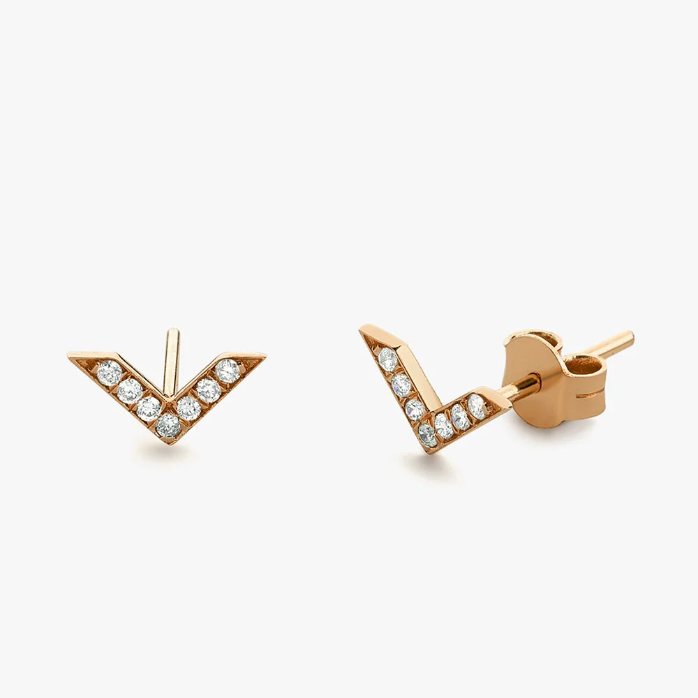 14K Rose Gold Dainty Diamond Chevron Earrings