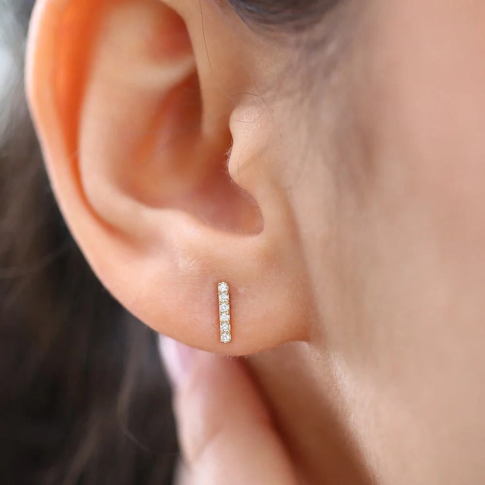 14K Rose Gold Diamond Bar Stud Earrings - Image 3