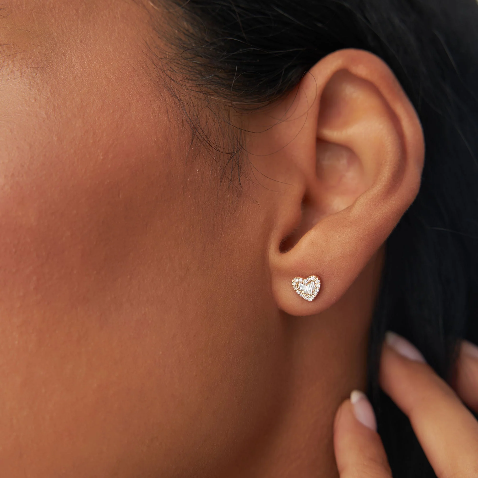 14K Rose Gold Mini Baguette Diamond Heart Studs - Image 4