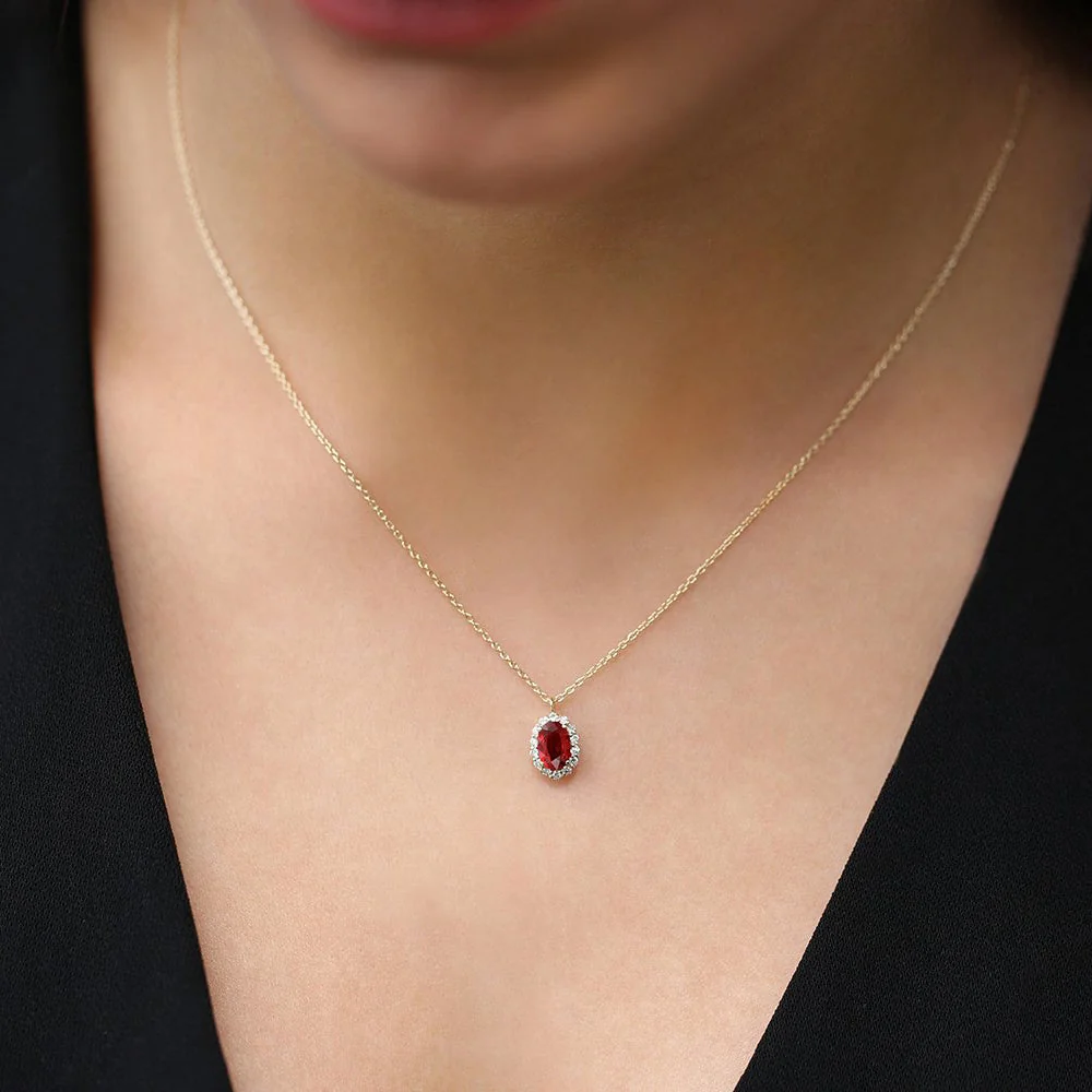 14K Rose Gold Oval Cut Ruby Halo Diamond Necklace - Image 3