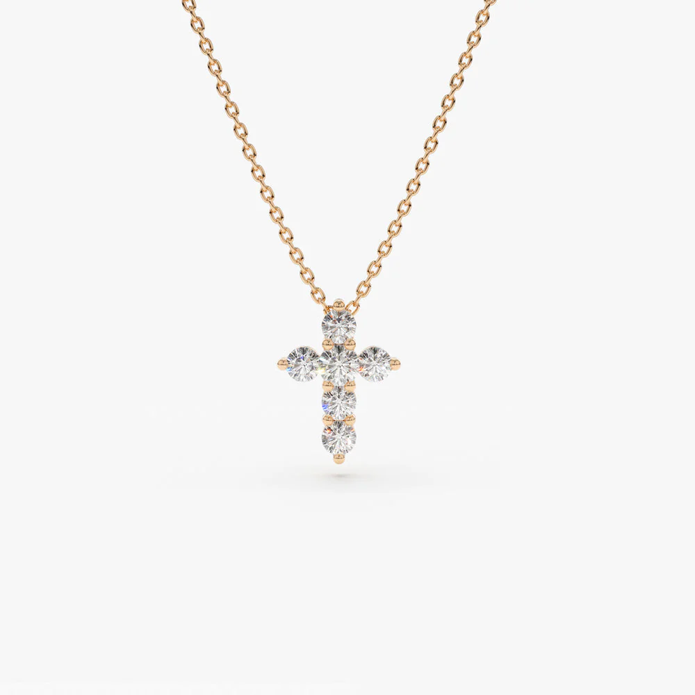 14K Rose Gold Tiny Diamond Cross Necklace