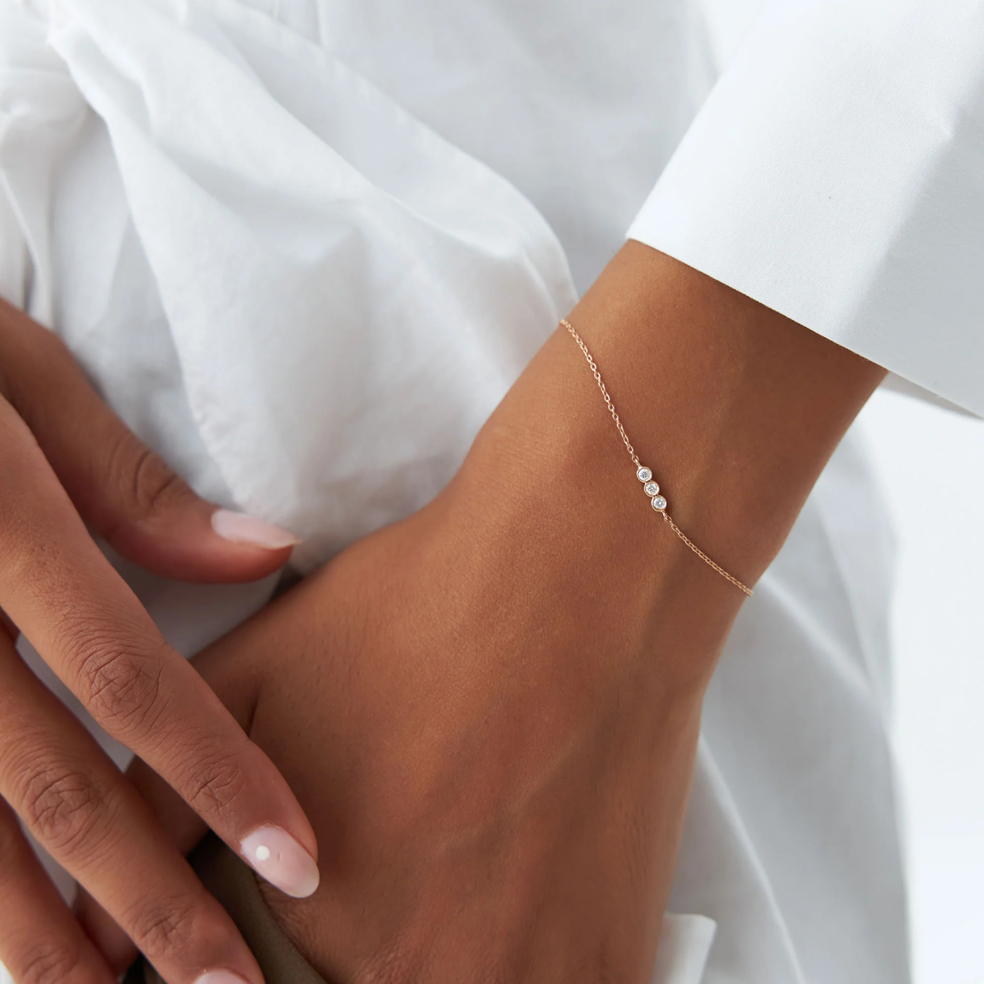 14K Gold Trio Diamond Bracelet with Thin Chain - Image 3