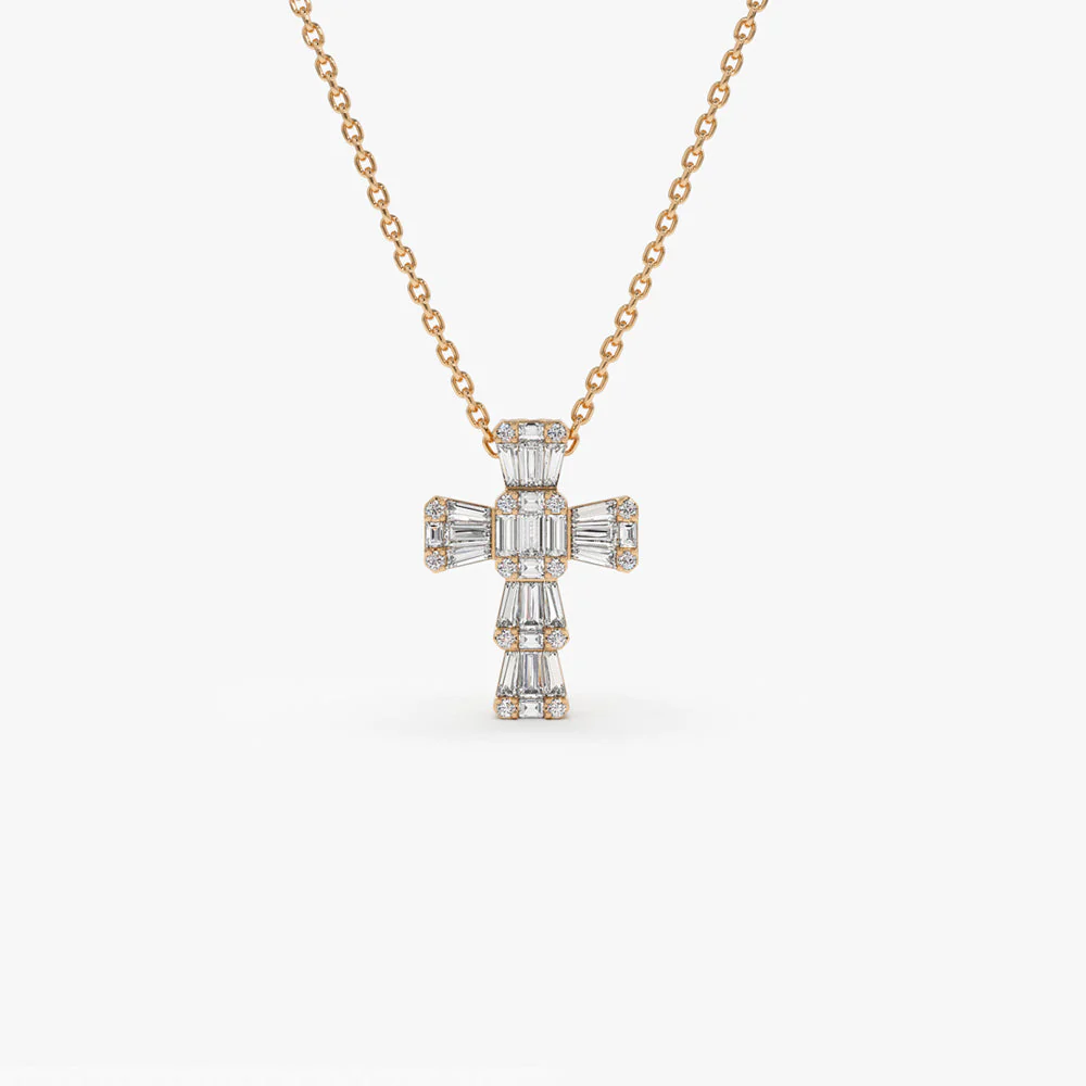 14k Rose Illusion Setting Baguette Diamond Cross