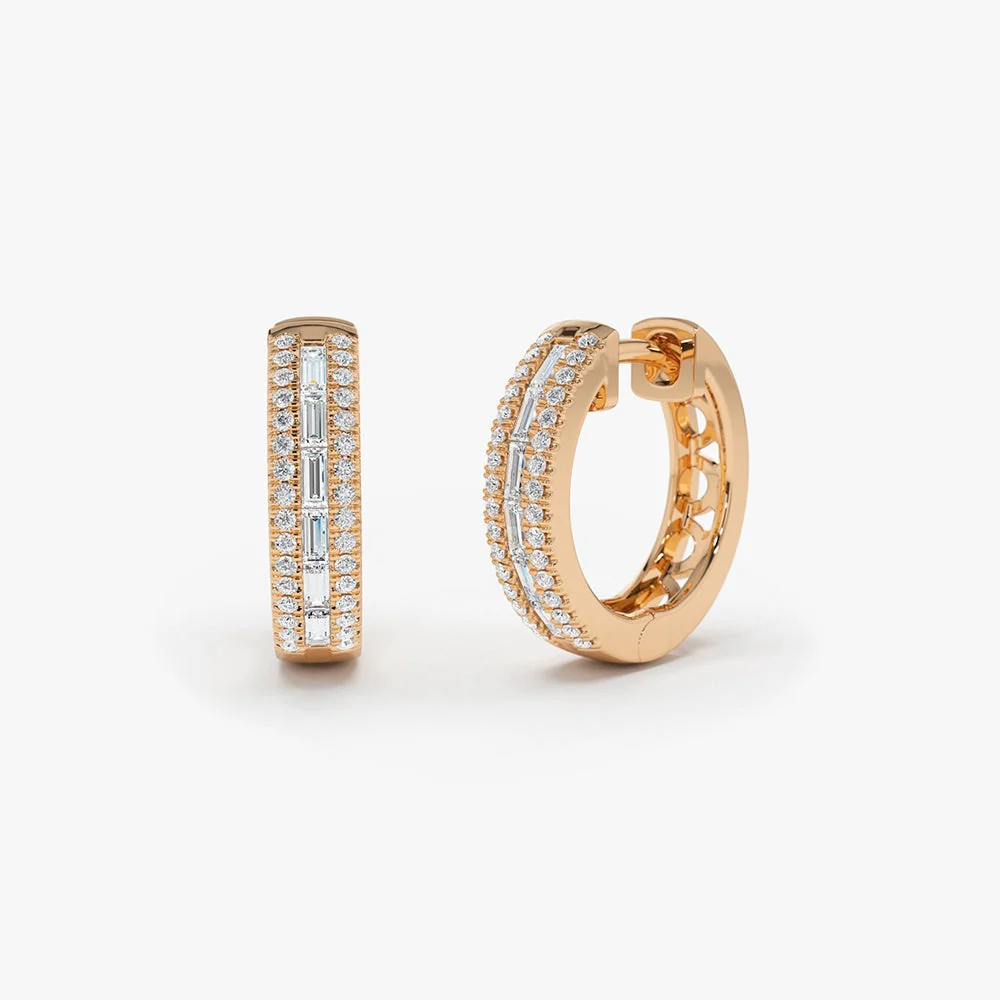 14K Rose Pave Diamonds and Baguette Hoop Earrings