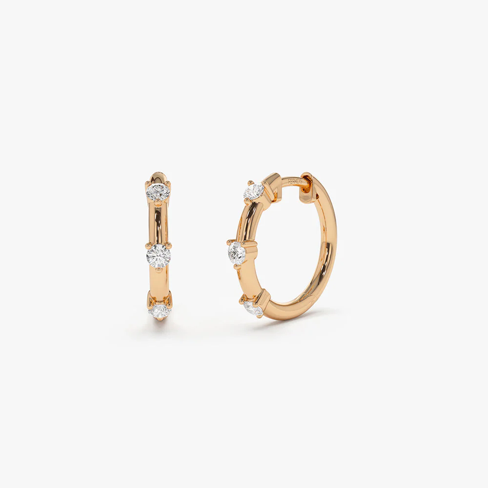 14k Rose Prong Setting Diamond Hoop Earrings
