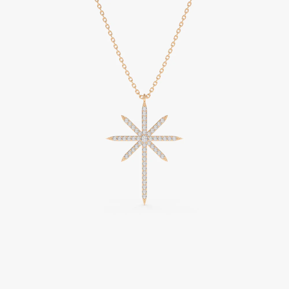 14k Rose Solid Gold Celestial North Star Diamond Necklace