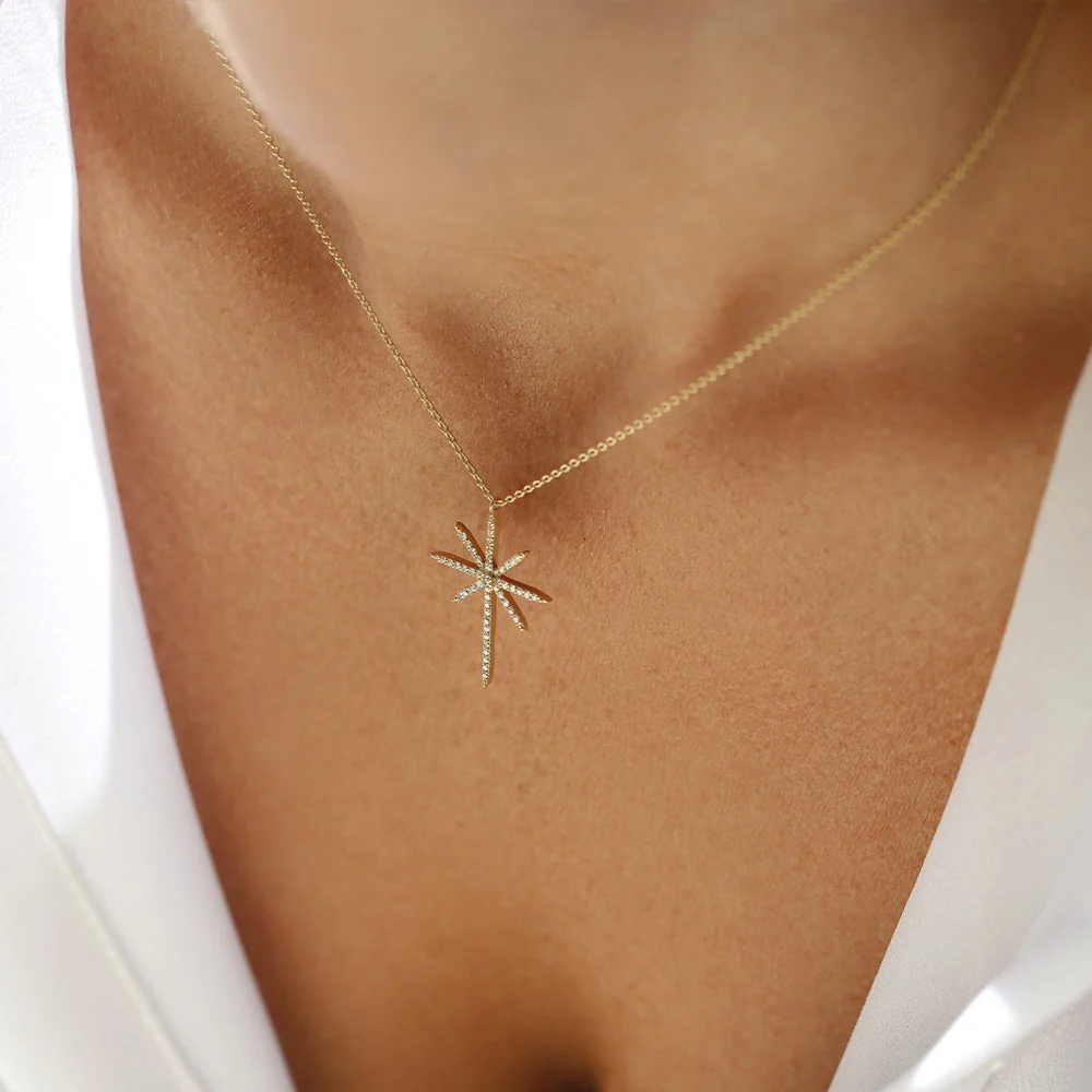 14k Rose Solid Gold Celestial North Star Diamond Necklace - Image 6