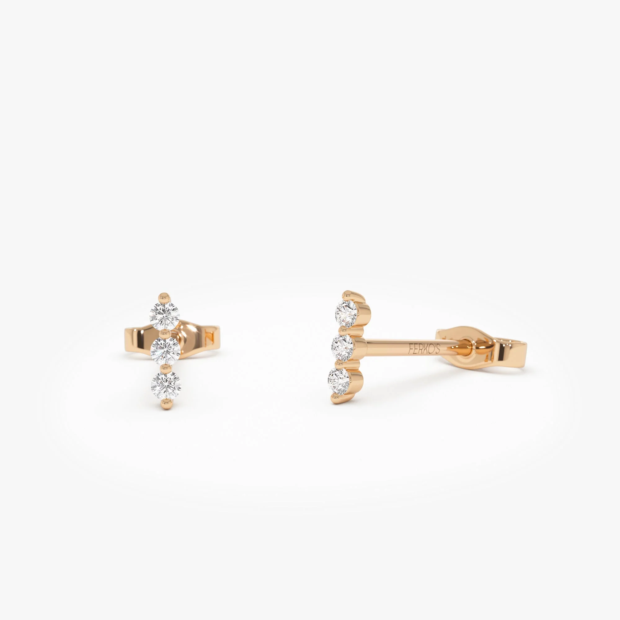 14K Rose Triple Diamond Bar Stud Earrings