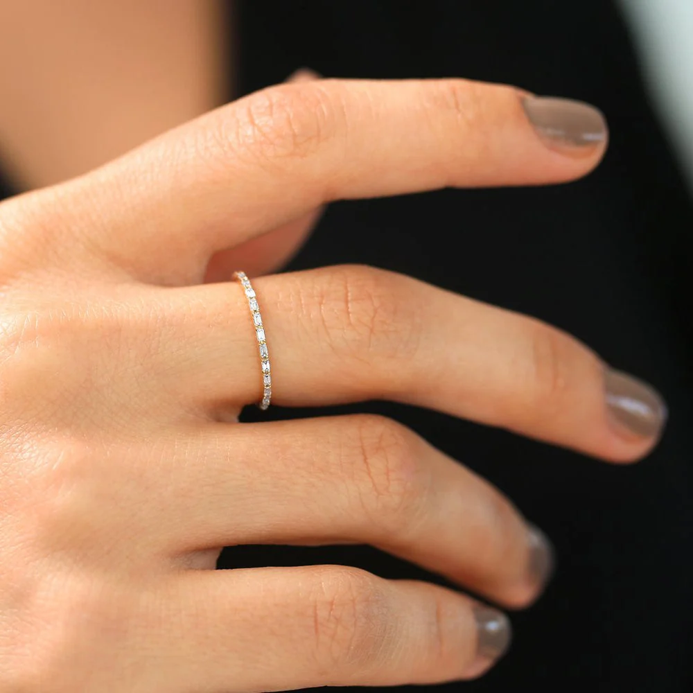 14K Rose Ultra Thin Half Eternity Baguette Diamond Stackable Ring - Image 5