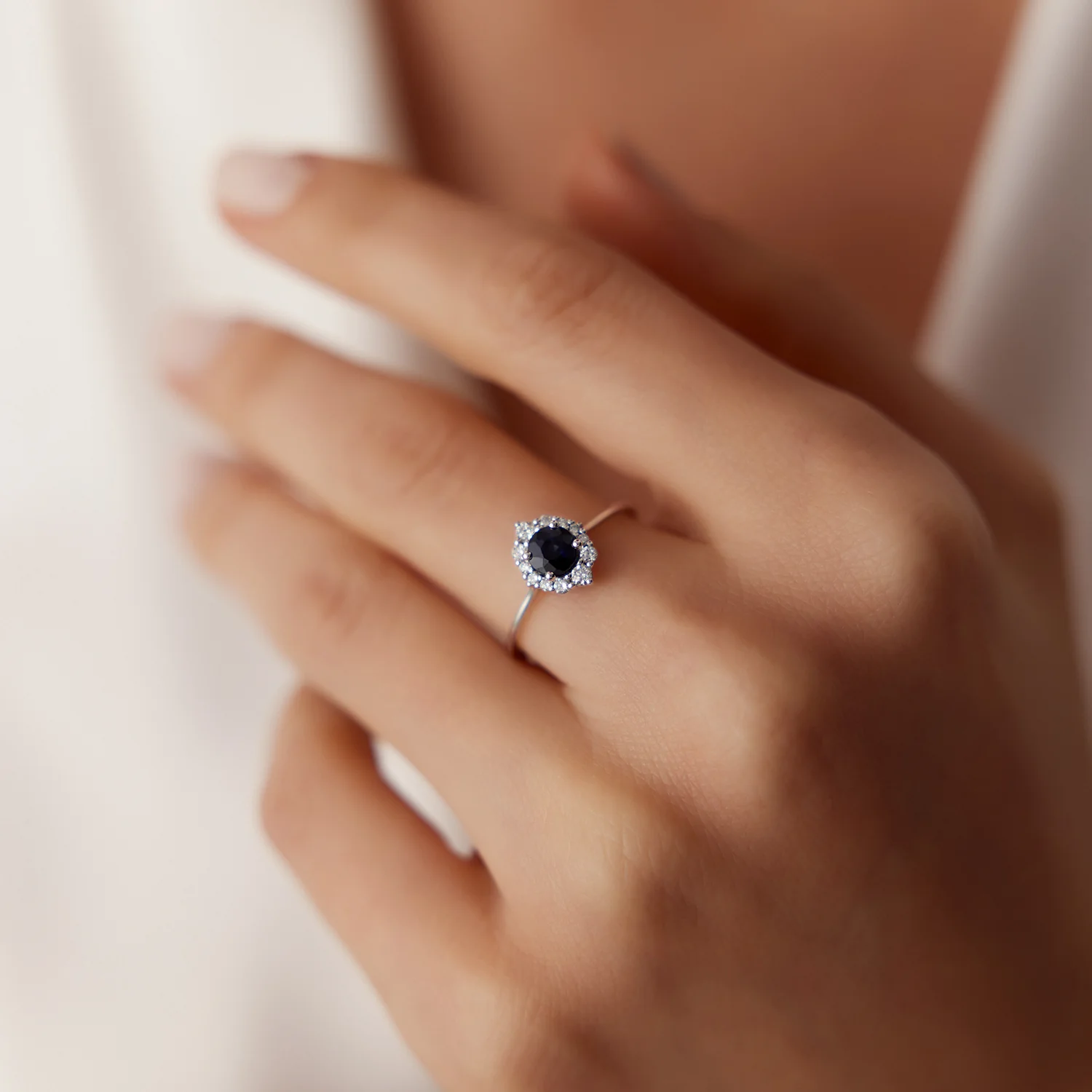 14k Round Sapphire Halo Diamond Engagement Ring - Image 2
