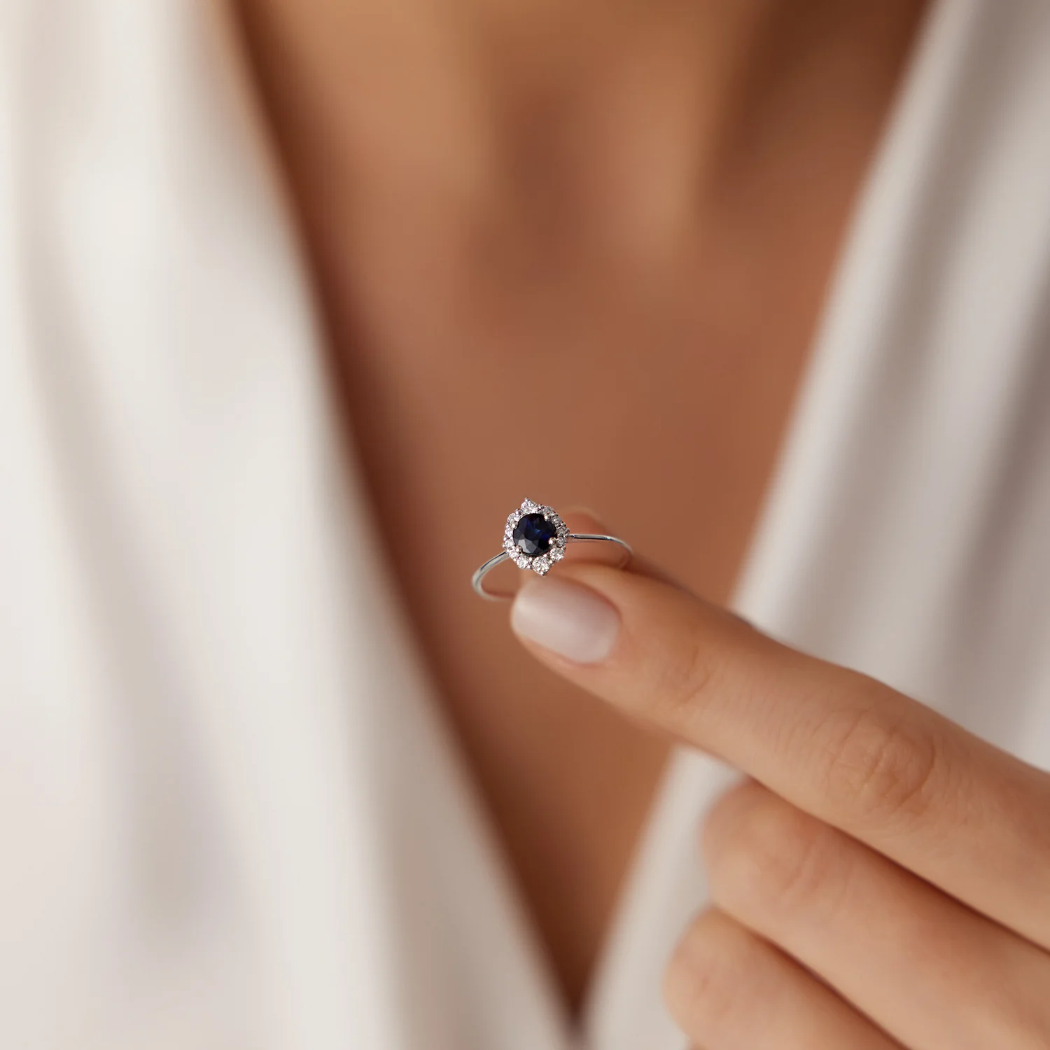 14k Round Sapphire Halo Diamond Engagement Ring - Image 3