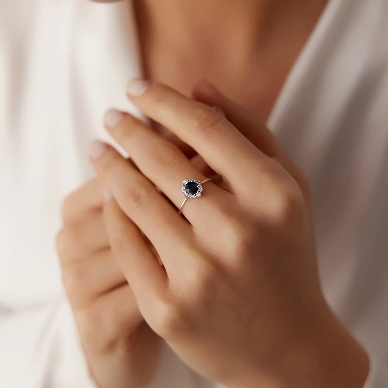 14k Round Sapphire Halo Diamond Engagement Ring - Image 4