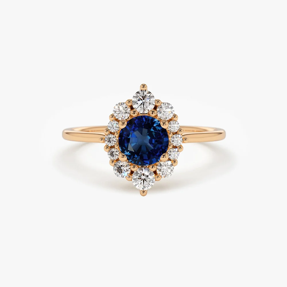 14k Round Sapphire Halo Diamond Engagement Ring - Image 5