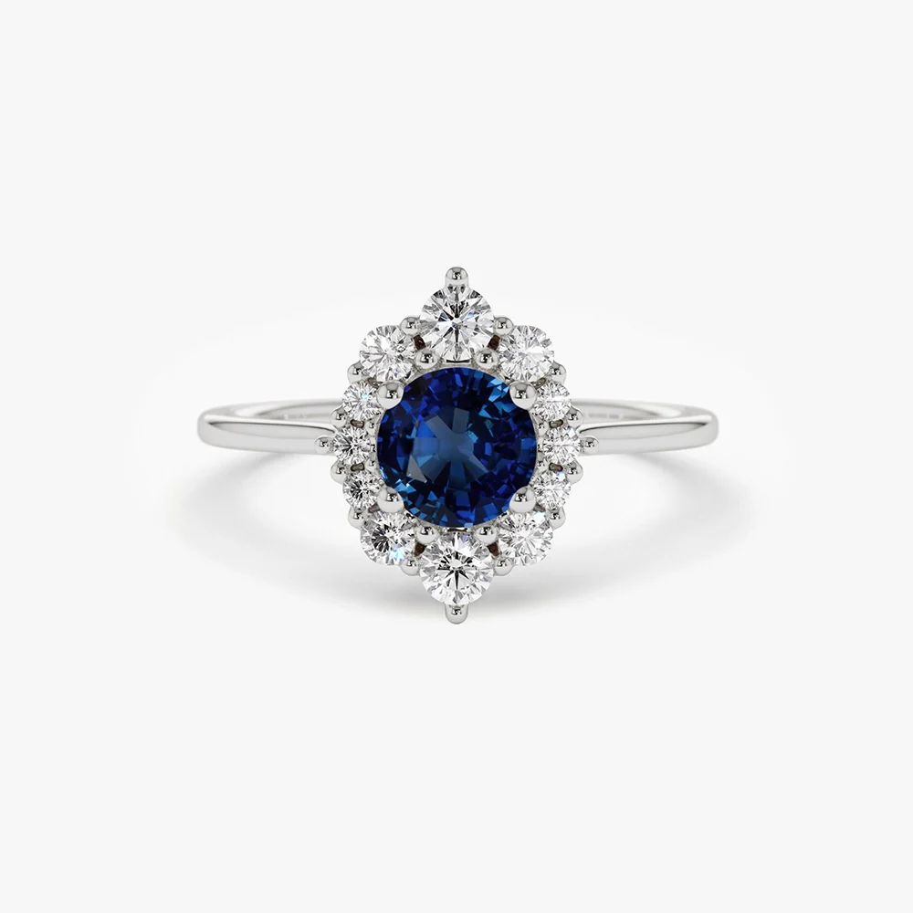 14k Round Sapphire Halo Diamond Engagement Ring - Image 6