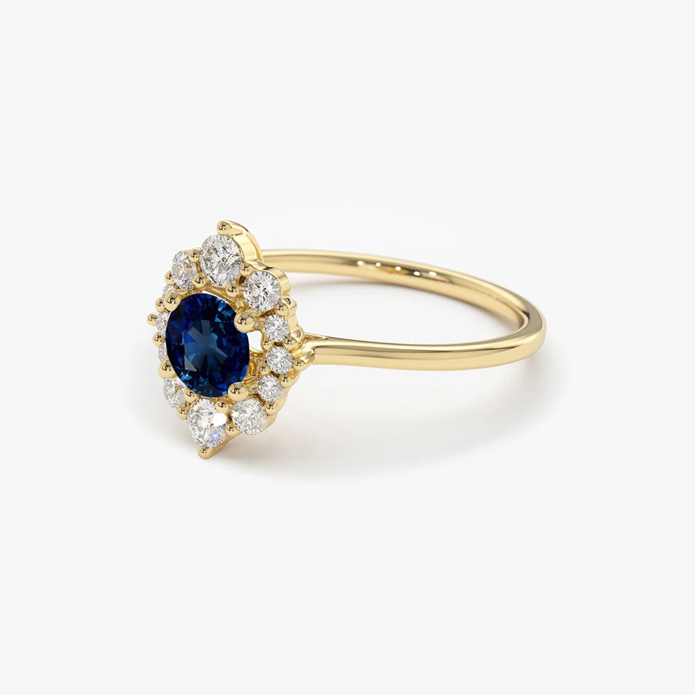 14k Round Sapphire Halo Diamond Engagement Ring - Image 8