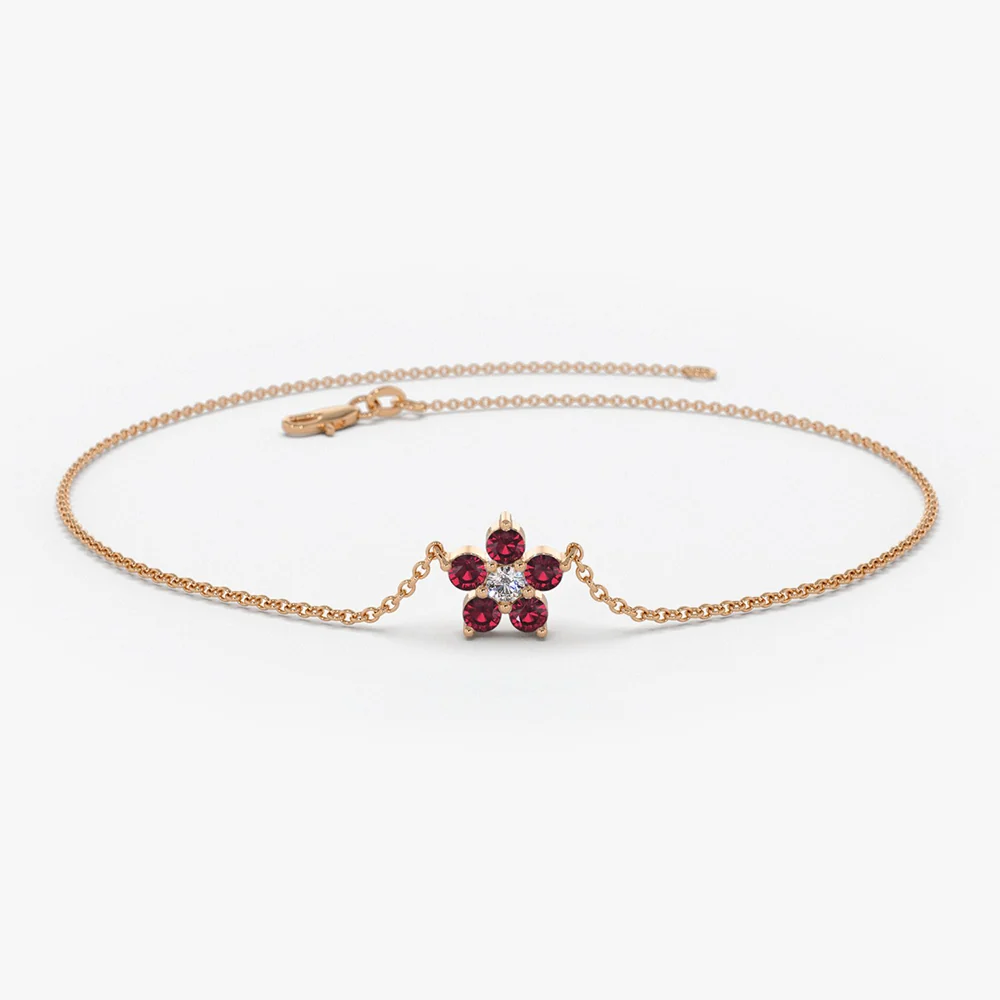14K Ruby and Diamond Flower Charm Bracelet - Image 3
