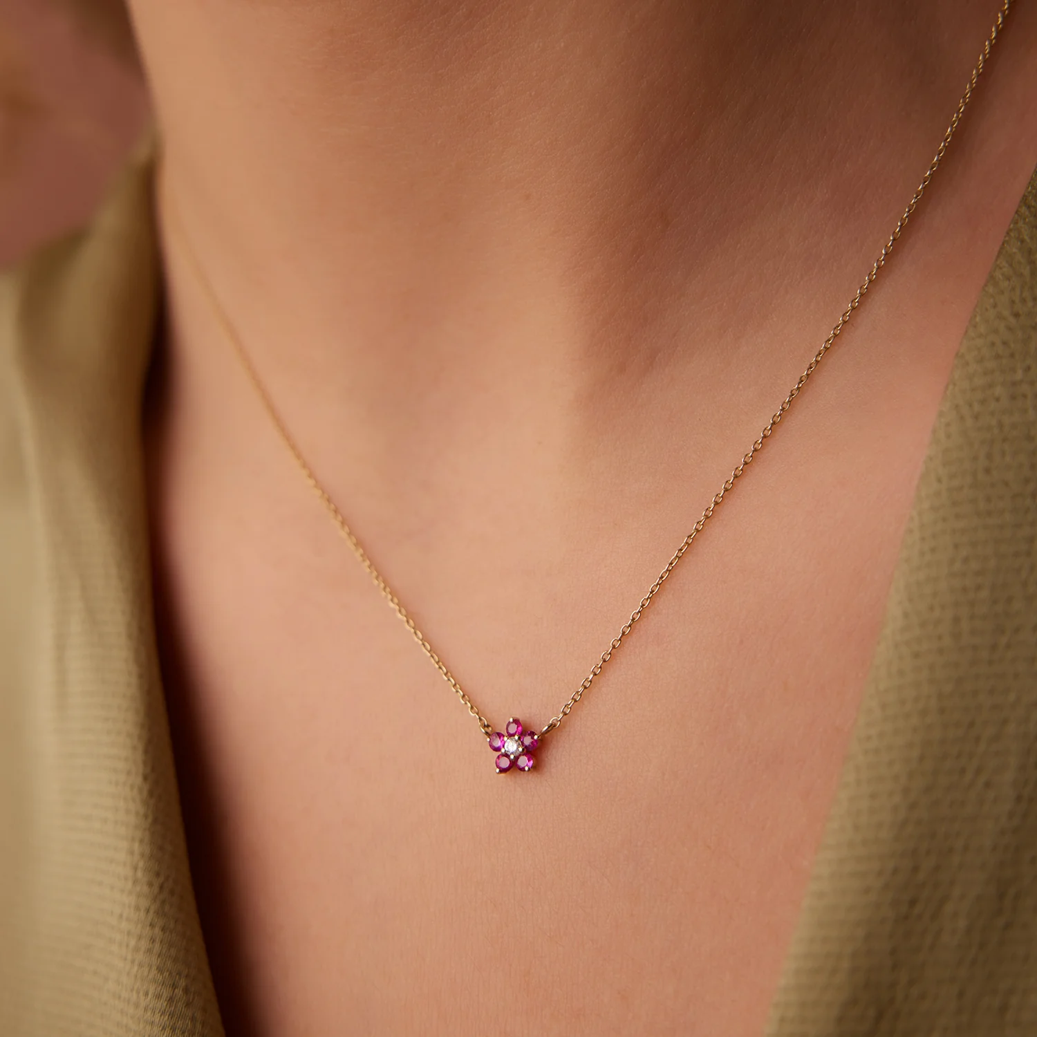 14K Ruby and Diamond Flower Charm Necklace - Image 3