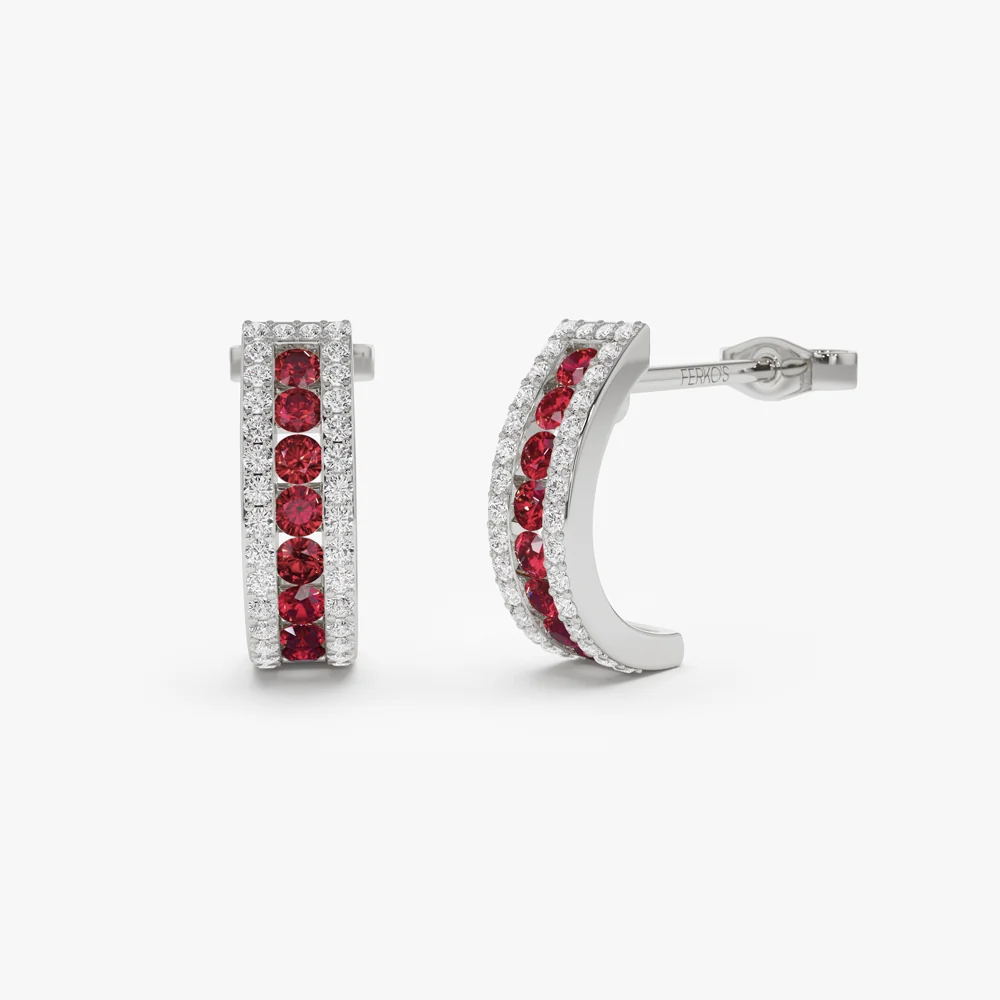 14k Ruby and Round Diamond Hoop Earrings - Image 6